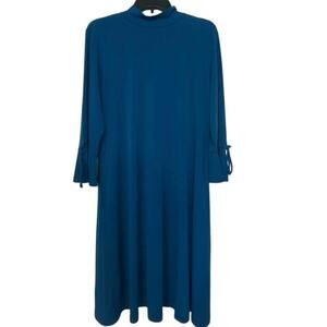 Susan Graver Liquid Knit Teal Blue Mock Neck Flare Sleeve A Line Midi Dress LP